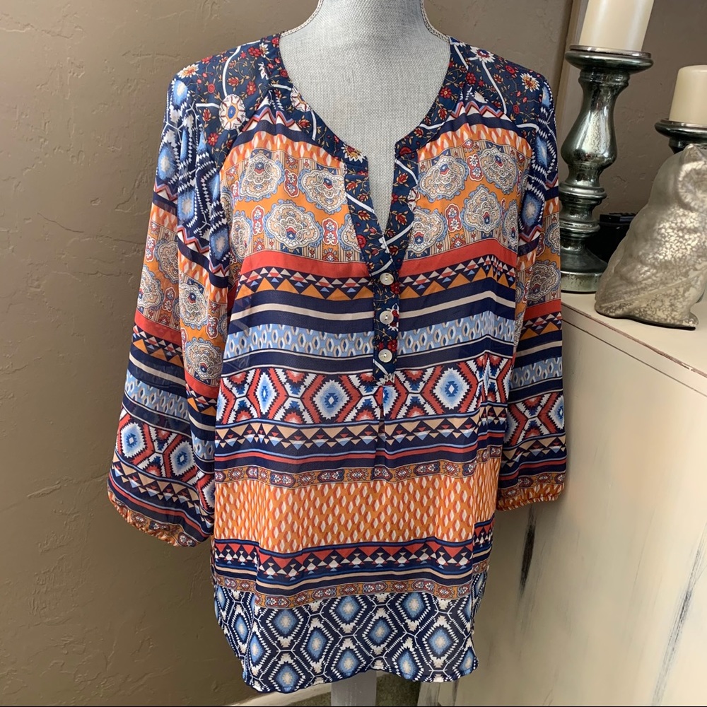 Figueroa & Flower Sheer Mixed Print Blouse